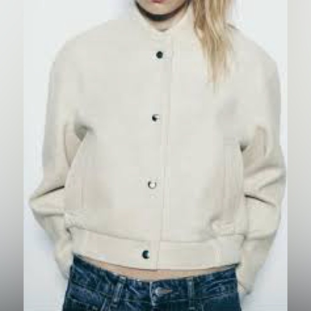NWT Zara Soft Cropped Bomber Jacket with Pockets XXL Off-White Ecru - Picture 5 of 13